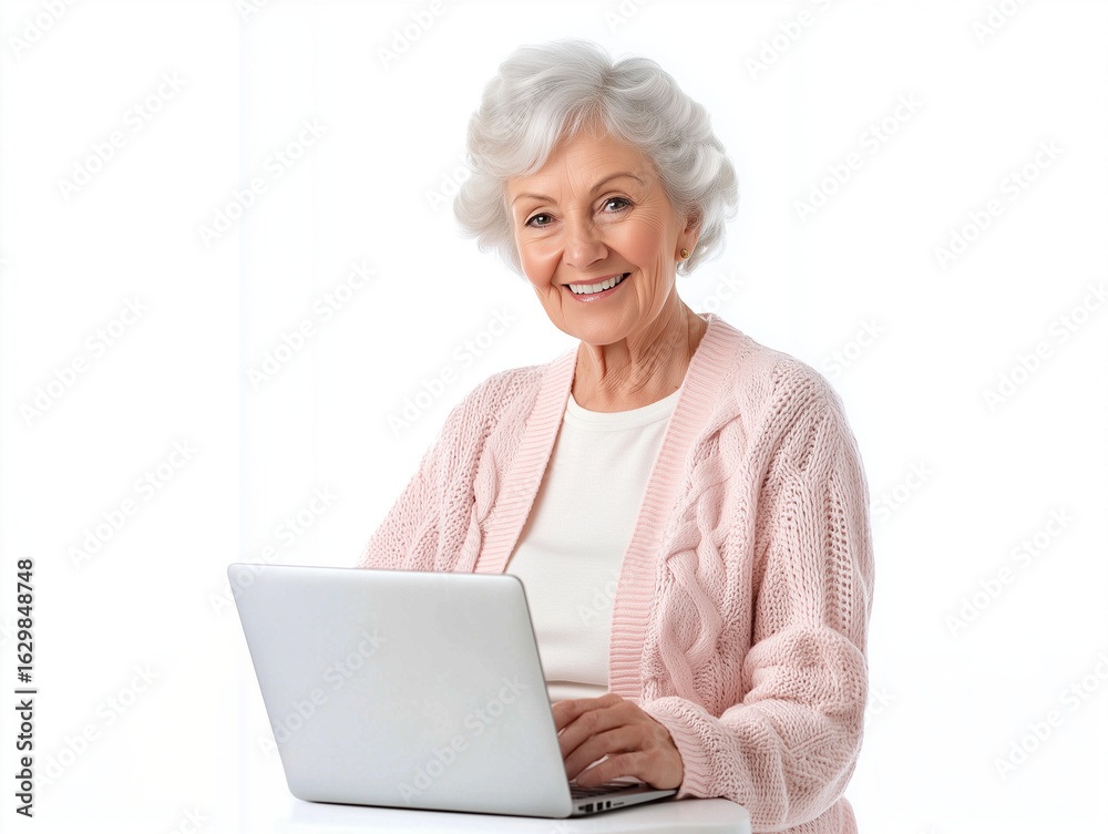 Smiling senior woman using laptop on white background Smiling senior woman using laptop on white background