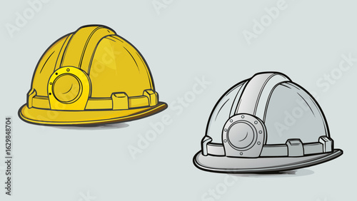 Illustration of a yellow and a gray hard hat used for safety on construction sites and other locations