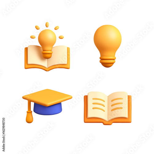 Set of four 3d education and idea icons isolated on transparent background