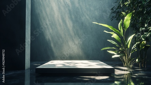 Sunbeams illuminate a stone monument in a tranquil forest clearing.