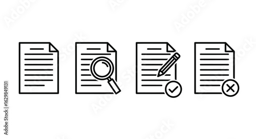 Vector illustration of illustration of document icons search, edit, approve, reject, isolated on white background
