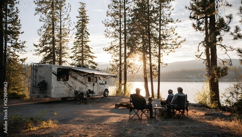 Family sitting around an RV at a lakeside campsite, enjoying the warm glow of sunset or sunrise