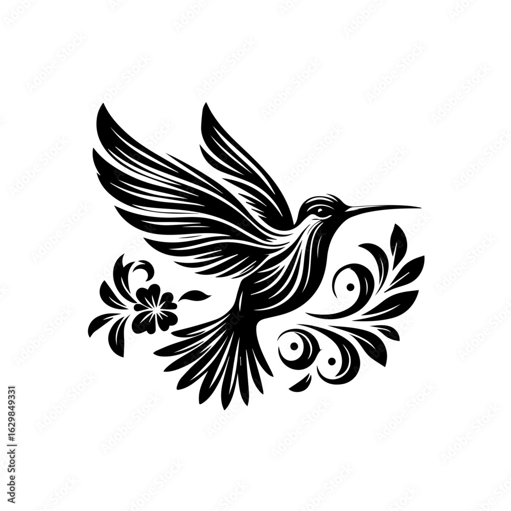 Naklejka premium Hummingbird with floral elements, isolated on white background