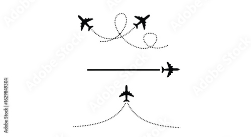 Vector illustration of illustration of three black airplane icons showing different flight paths and directions