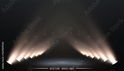 Realistic vector stage spotlights with bright beams and shimmering shine on dark background.