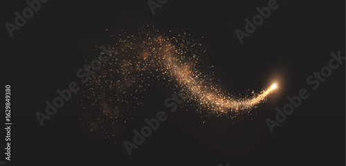 Golden sparkling trail with particles and bright glow on a dark background. Spectacular light trail for New Year's decor, magic scenes, fireworks, greeting designs and holiday effects.
