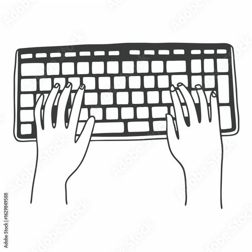 Top view of hands typing on a dark grey keyboard on a white background computer technology