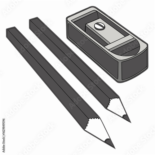 Two sharpened graphite pencils and a pencil sharpener on a white background sharpened pencil drawing