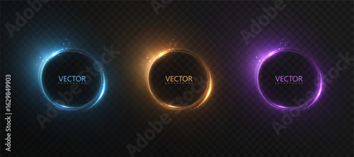 Set of glowing round frames in blue, gold and purple colors with shimmering dust and glitter particles. Vector light element for design on dark background.