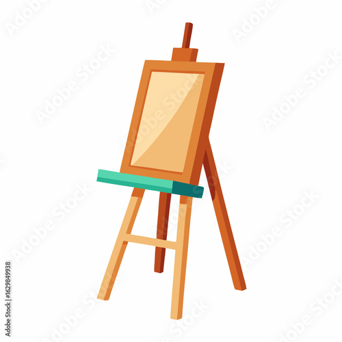 Wooden art easel with blank canvas and teal ledge on a white background painting