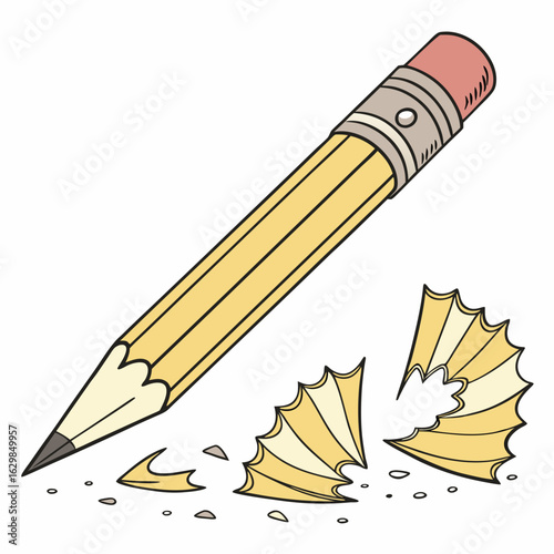 Yellow pencil with pink eraser and wood shavings on white background vector