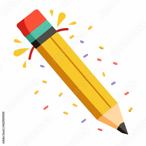 Yellow pencil with red eraser and colorful shavings on white background vector