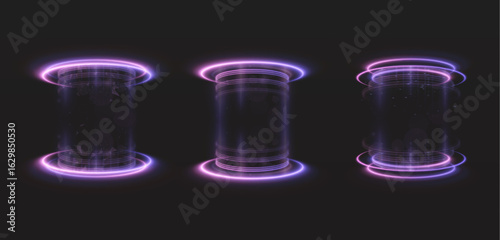Vibrant cylindrical holographic portals with neon pink and purple glow, transparent structures and vertical light effects. Teleportation columns in sci-fi style with particles and smooth gradients.