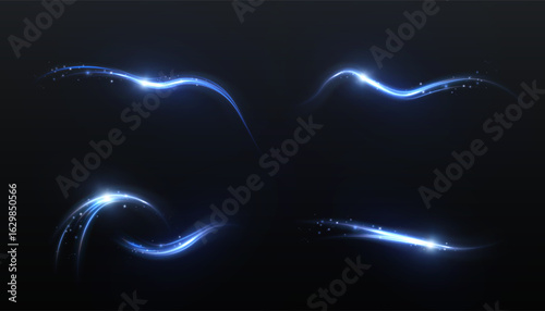 Set of glowing blue light stripes with shimmering particles and smooth curves. Vector light element for design on dark background.
