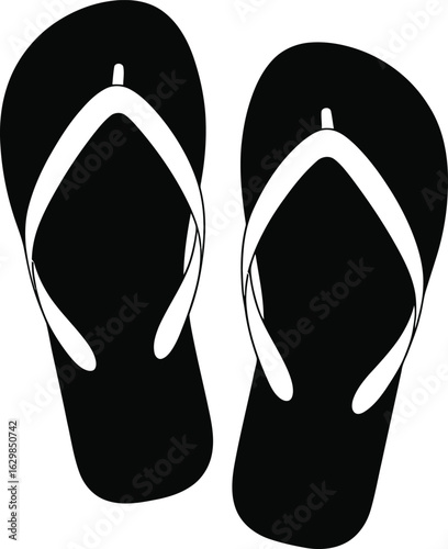 Simple black flip flops with white straps isolated on white background
