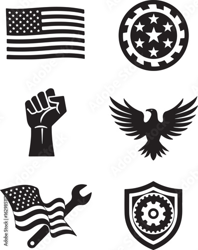 Patriotic symbols USA flag, eagle, fist, gear shield, emblem