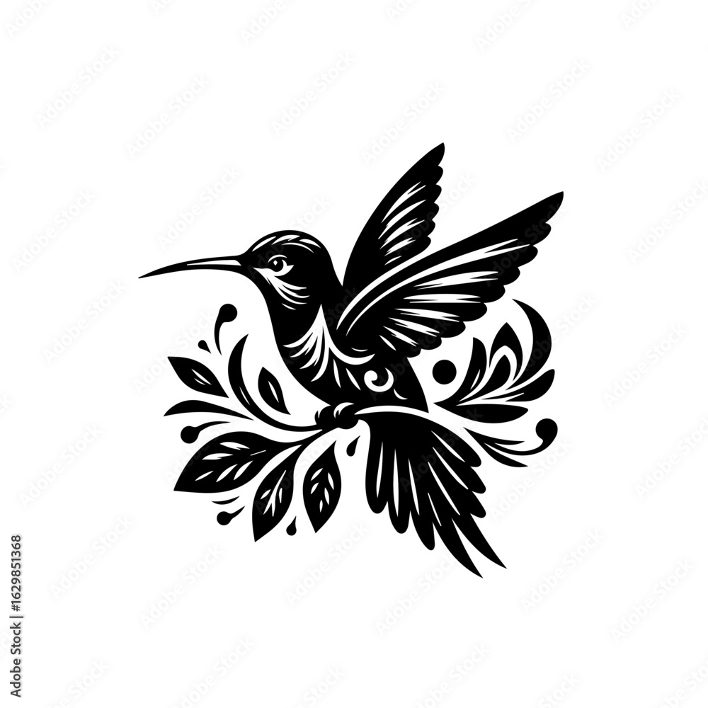 Obraz premium Black hummingbird with ornate floral design isolated on white background