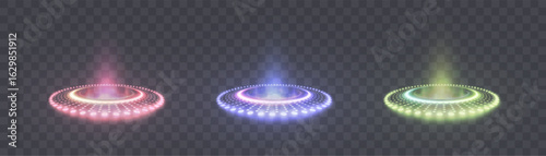 Bright light portals with neon glow in a circle and bright circular illumination effects, isolated on a transparent background. Used for sci-fi design, interfaces and teleportation effects.