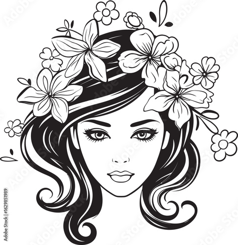 Feminine Face with Floral Trimmings Black Vector Logo Woman’s Profile and Flower Garland Vector Black Icon