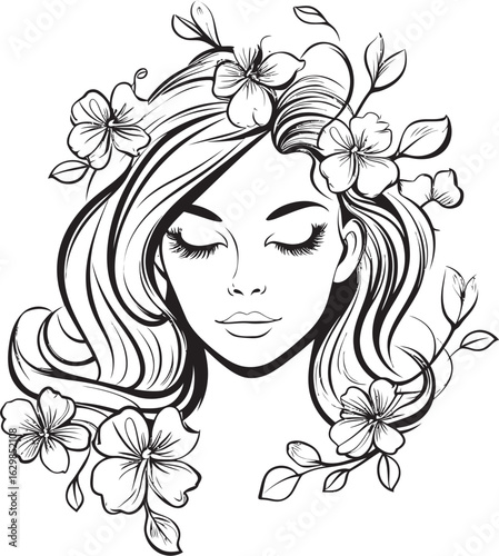 Botanical Embellishments on Woman’s Face Black Vector Icon Woman’s Face and Flower Crown Vector Black Logo