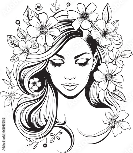 Elegant Woman Face with Flower Highlights Black Logo Artistic Feminine Face Surrounded by Petals Vector Icon