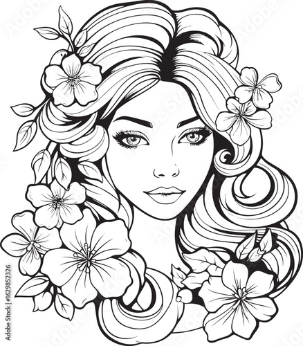 Woman’s Face and Artistic Blooms Vector Black Design Botanical Adorned Feminine Face Black Vector Logo