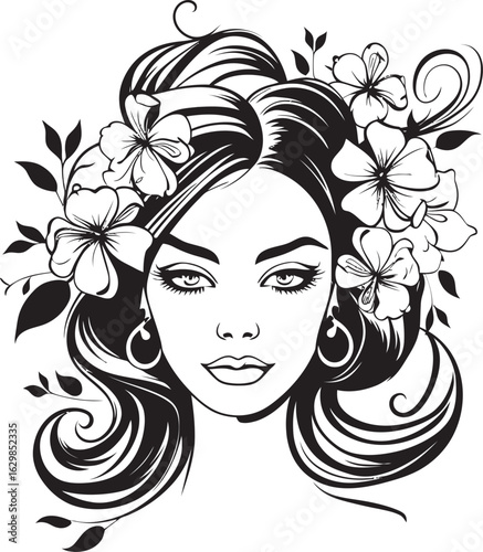 Botanical Adorned Feminine Face Black Vector Logo Woman’s Face Surrounded by Floral Frame Vector Icon