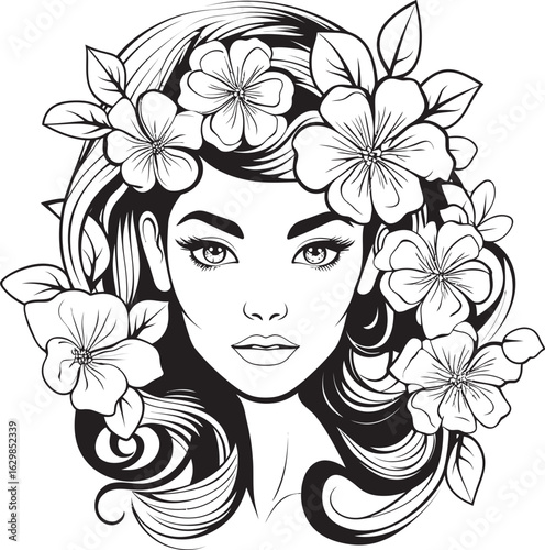 Woman’s Portrait with Flower Highlights Black Vector Design Feminine Face and Petal Details Vector Black Logo