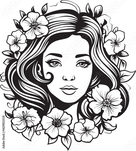 Woman’s Profile and Artistic Flowers Vector Black Design Logo Feminine Face with Botanical Accents Black Vector Art