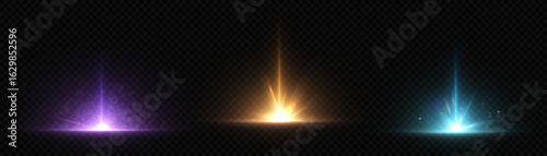 A set of vibrant purple, gold and blue light flashes with shimmering vertical beams and bright glitter on a dark background.