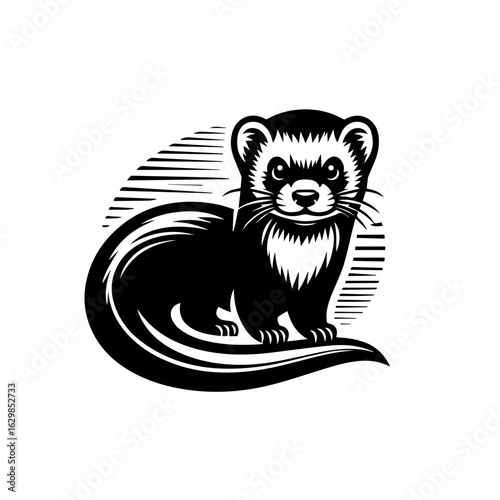 Black and white illustration of a ferret with a striped background