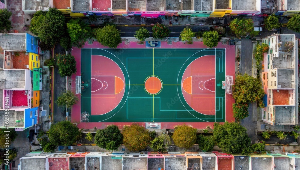 Obraz premium Colorful urban basketball court, aerial view