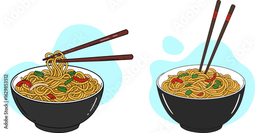 Bowls of noodles with chopsticks in hand-drawn style  