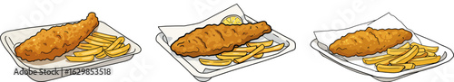 Hand-drawn illustration of fish and chips on white plates  