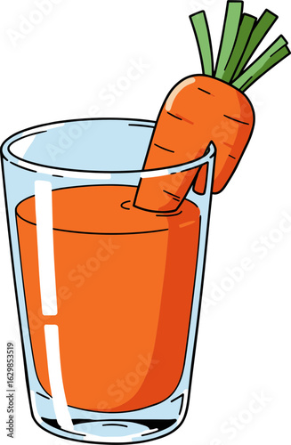 Fresh carrot juice in a glass with carrot garnish in hand-drawn style  