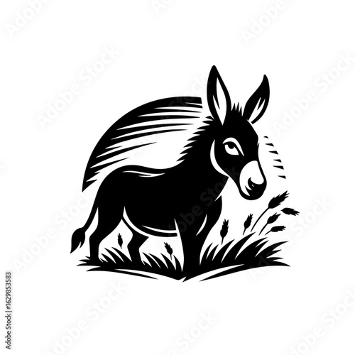 Black donkey silhouette standing in grass with a sun behind it