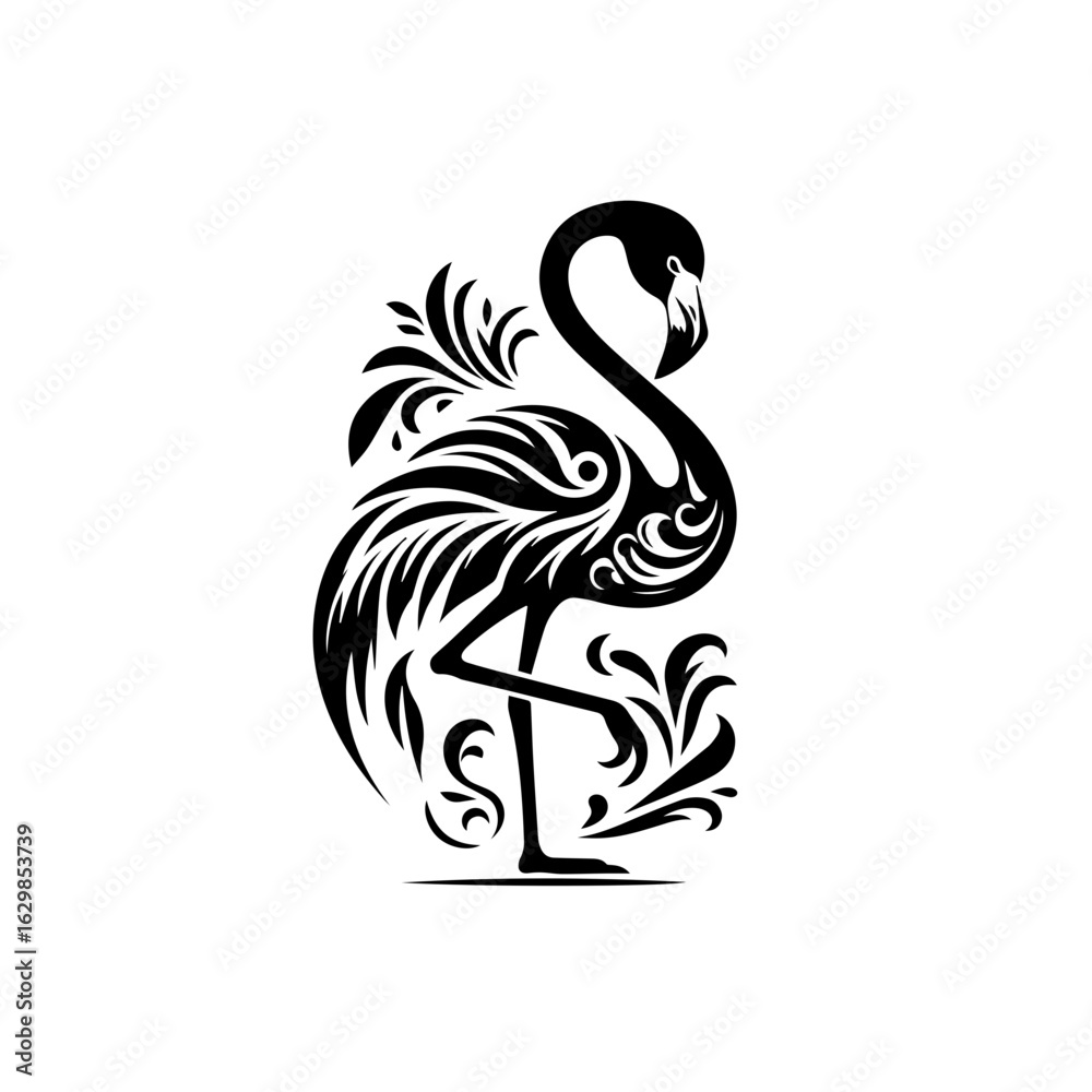 Obraz premium Stylized black flamingo with ornate details isolated on white background