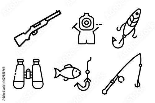 Hunting Rifle, Target, Fishing Lure, Binoculars, Fish on Hook, and Fishing Rod Line Icons
