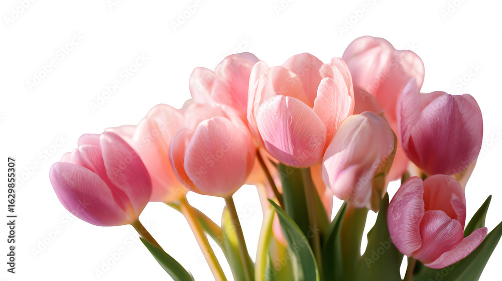 Fototapeta premium Pink tulips blooming in soft spring sunlight, isolated on white