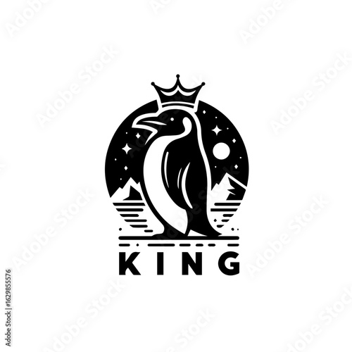King penguin with crown and mountains, isolated on white background