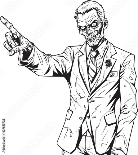 Horror Inspired Standing Zombie Black Vector Logo Icon Pointing Zombie with Intense Stare Vector Black Design