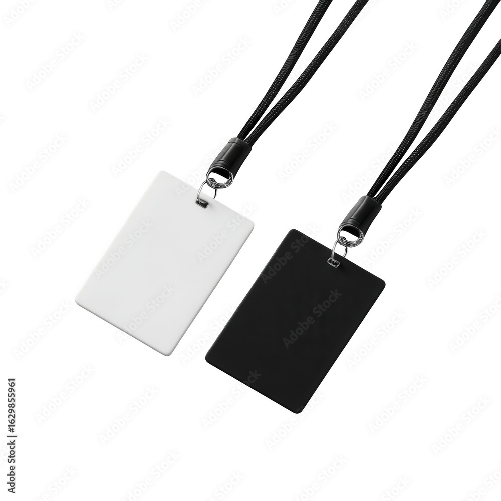 Fototapeta premium Two blank identification cards, one white and one black, hanging from black lanyards