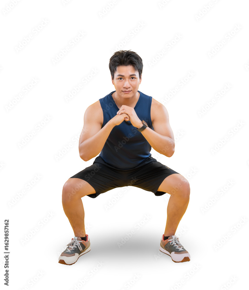 A man doing squats exercises. He's wearing workout attire on png background A man doing squats exercises. He's wearing workout attire on png background