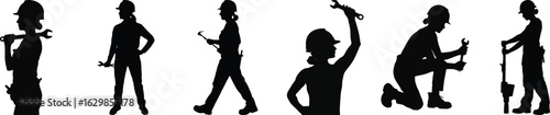 Woman construction worker silhouette vector, female with wrench and safety helmet