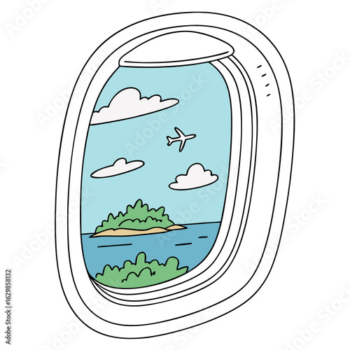 View from Cute Airplane Window Showing Blue Sky and Island, Travel Illustration. Perfect for: Summer Vacation, Travel Ads, Tropical Getaways
