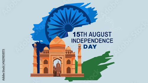 Illustration for independence day with taj mahal and ashoka chakra on a blue background