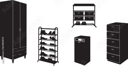 Black Silhouettes of Furniture and Storage Units wardrobe shoe rack