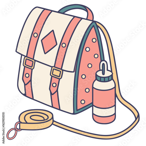 Cute Hiking Bag with Charm and Water Bottle, Outdoor Adventure Gear Illustration. Perfect for: Hiking Day, Nature Getaways, Outdoor Adventures