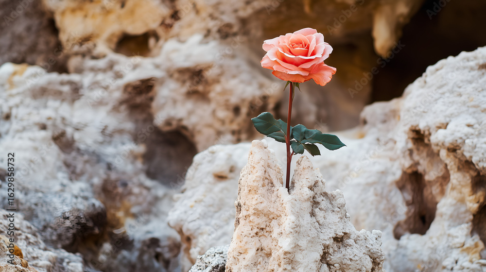 A delicate rose blossom blooming from rough stone. A surreal combination of fragility and strength, ideal for symbolic, poetic and thematic design concepts.