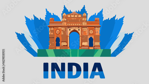 Illustration of india gate with blue accents and india text below the structure design work